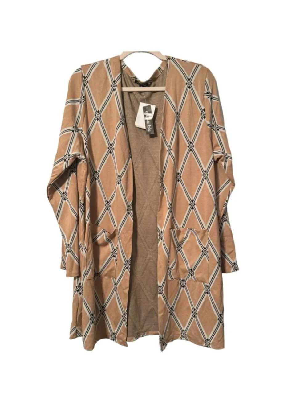 Olivia Blu Womens Long Sleeve Open Front Cardigan With Pockets 1X Beige & Black - Picture 6 of 12